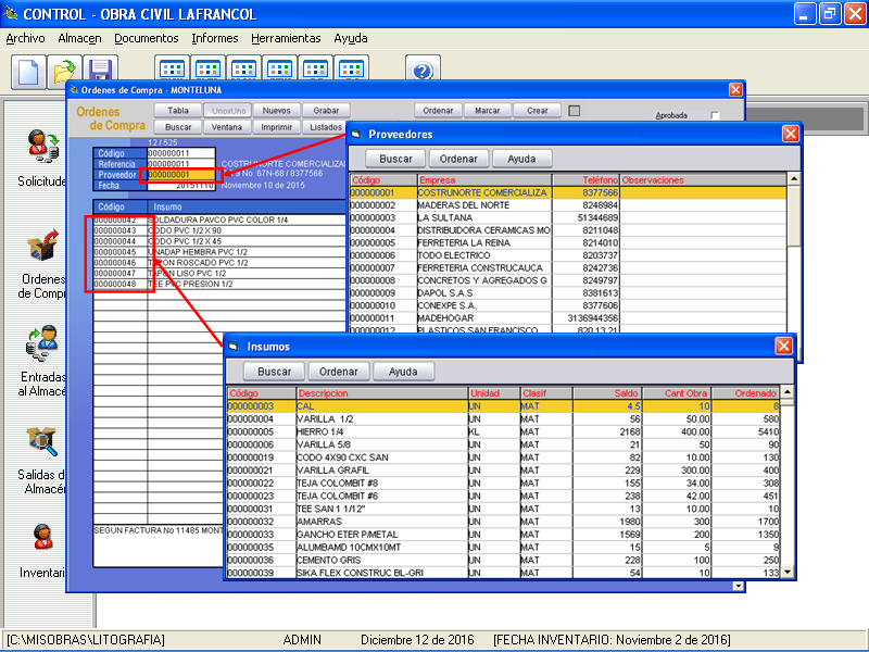 Utilice las ventanas emergentes en todo el programa para ubicación y seleción rápida de Insumos, Proveedores, Centros, Documentos, Contratos, Actas, etc.